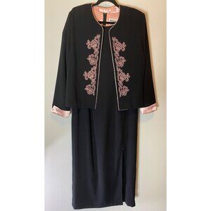 Perceptions Maxi Dress & Jacket Black & Pink Embroidered Detail Size 12